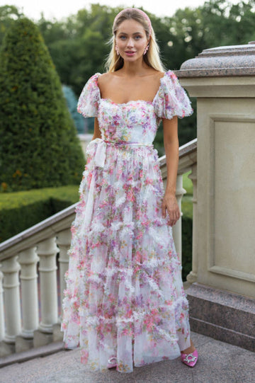 Floral Tulle Puff Sleeve Bow Tie Maxi Dress | Dress In Beauty