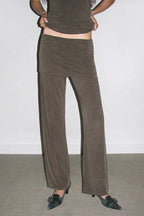 Navy wide leg velour pants with high rise waist - View 6 | WEUXS