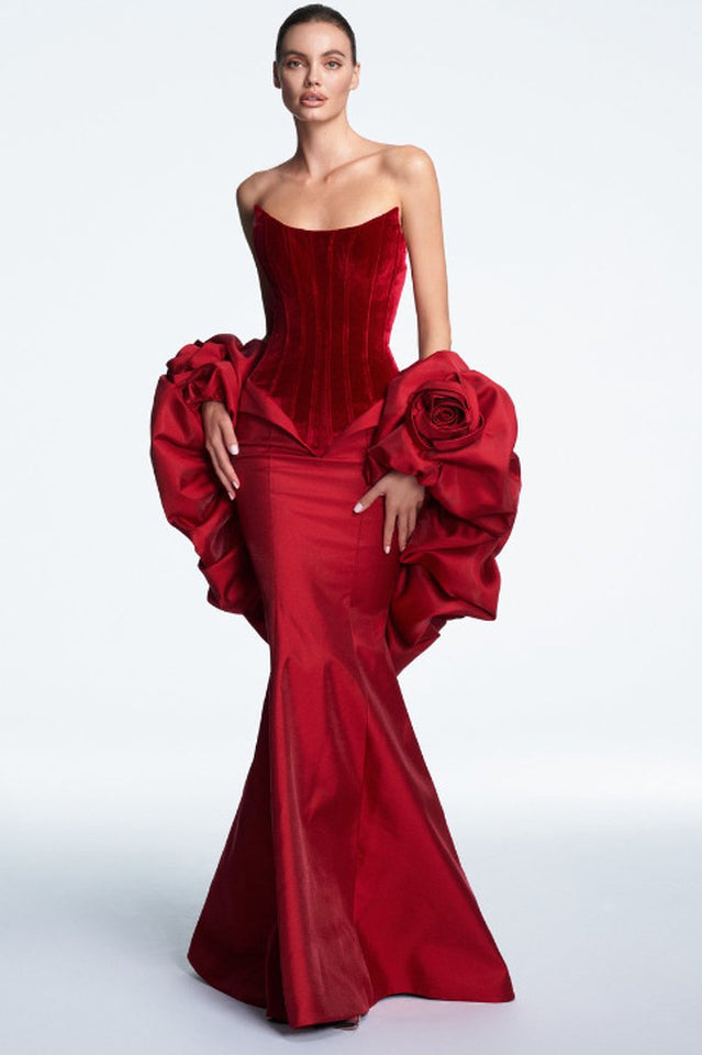 Strapless Floral Puff Detail Corset Maxi Dress | Dress In Beauty