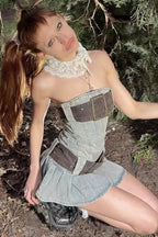 Blue distressed denim kilt mini dress with corset detailing and detachable belt - View 11 | WEUXS