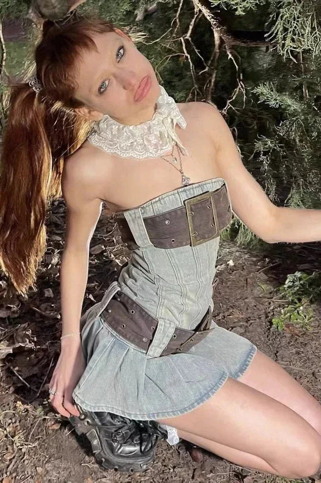 Blue distressed denim kilt mini dress with corset detailing and detachable belt - View 11 | WEUXS