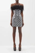 Feather Trim Polka Dot Sequin Dress - WEUXS
