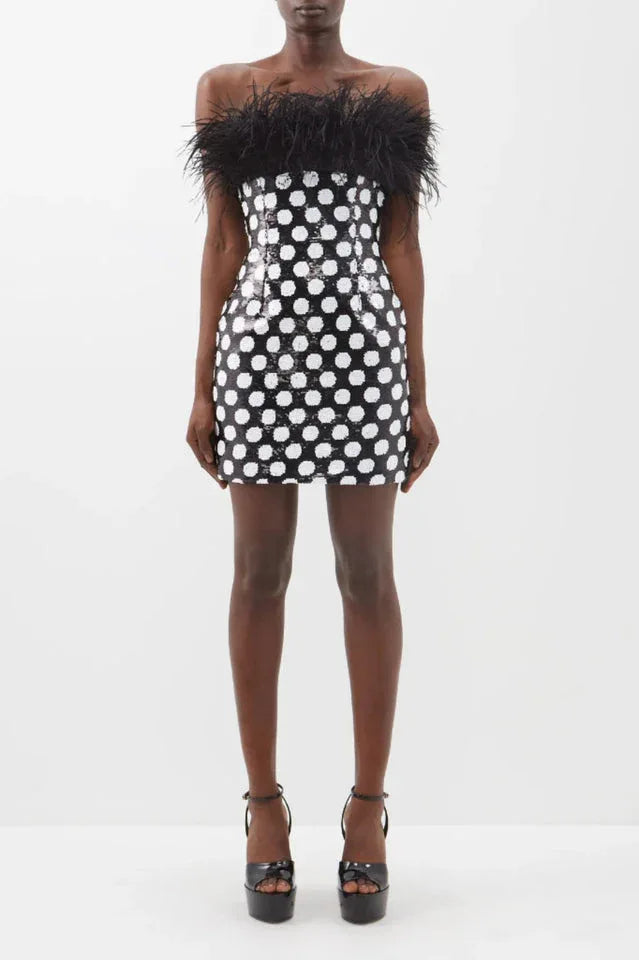 Feather Trim Polka Dot Sequin Dress - WEUXS