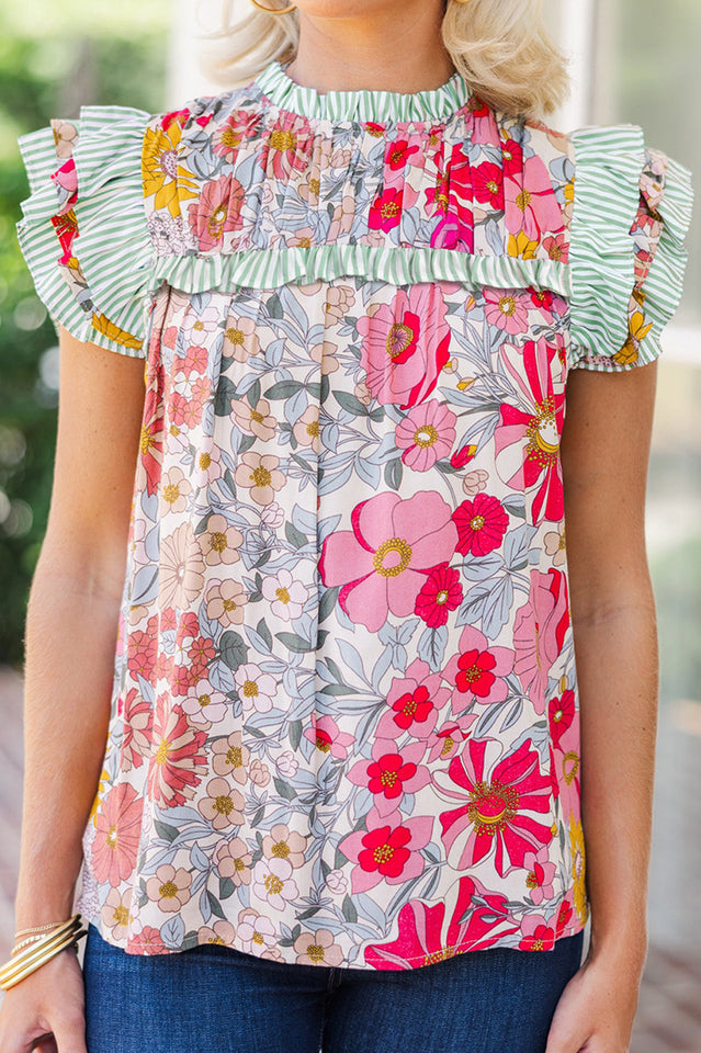 Floral Print Contrast Ruffle Trim Blouse | Dress In Beauty