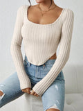 Cream beige ribbed square neck long sleeve crop top - View 6 | WEUXS