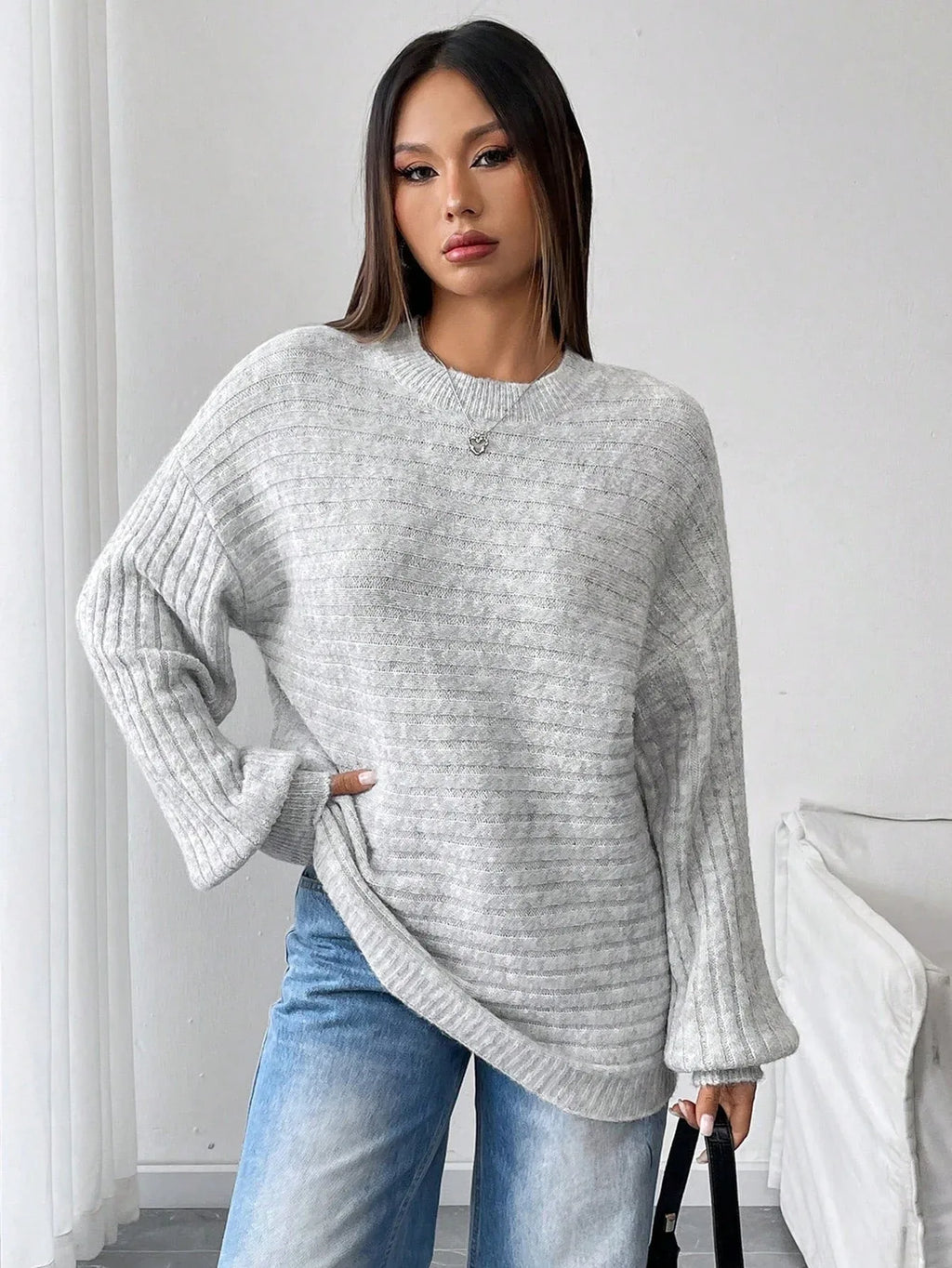 Ribbed knit sweater with lantern sleeves - View 6 | WEUXS