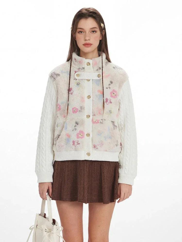 Floral Sherpa & Cable Knit Spliced Jacket - WEUXS