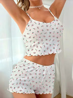 Close-up of woman's torso in floral pajama set