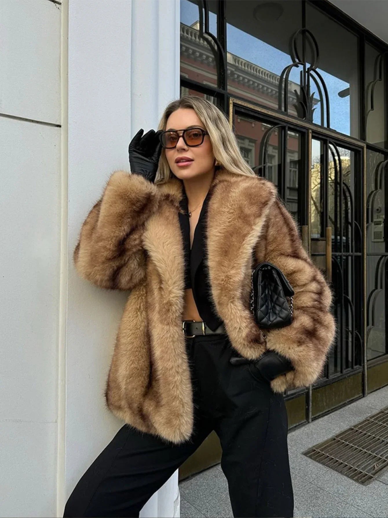 Luxurious Brown Faux Fur Cropped Jacket - WEUXS Main image