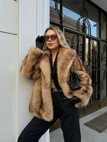 Luxurious Brown Faux Fur Cropped Jacket - WEUXS