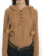 Soft Bouclé Knit Pom-Pom Hooded Sweater - View 6 | WEUXS