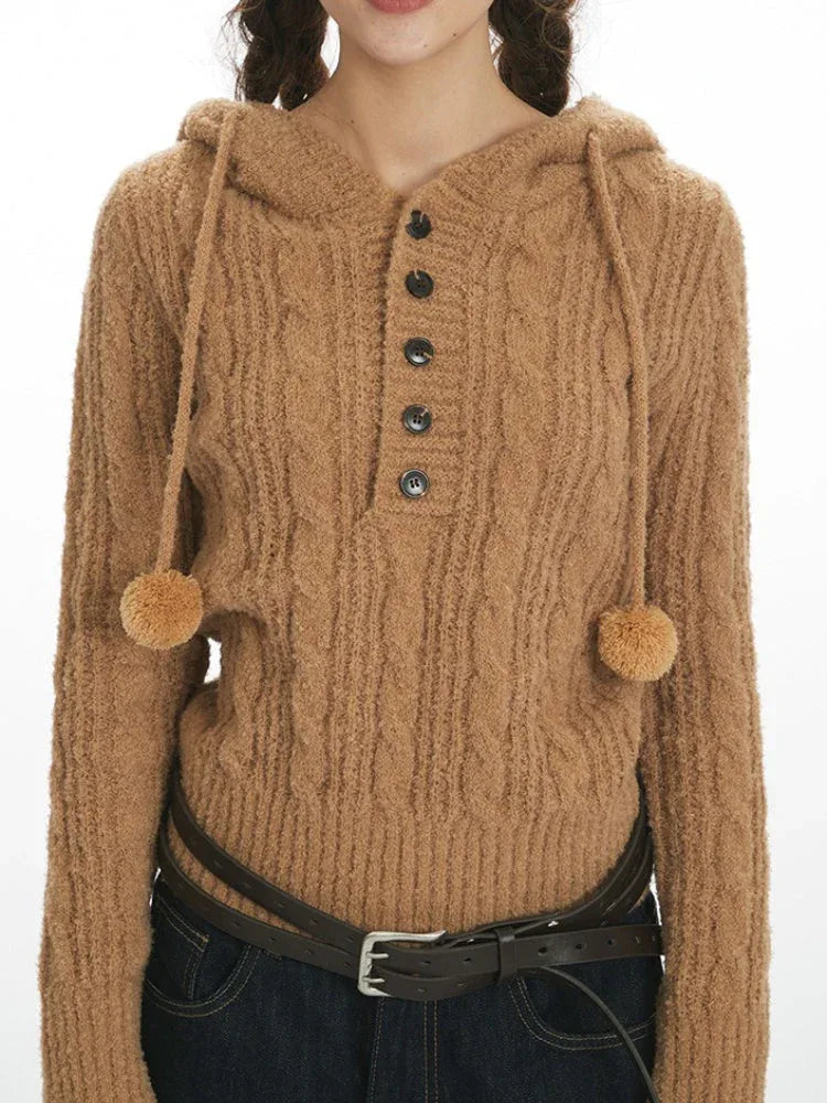 Soft Bouclé Knit Pom-Pom Hooded Sweater - View 6 | WEUXS