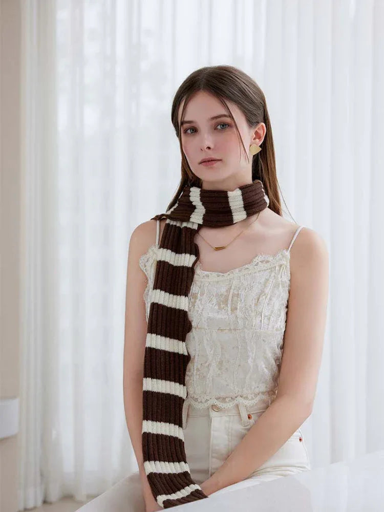 Extra Long Striped Ruffle Skinny Scarf - WEUXS