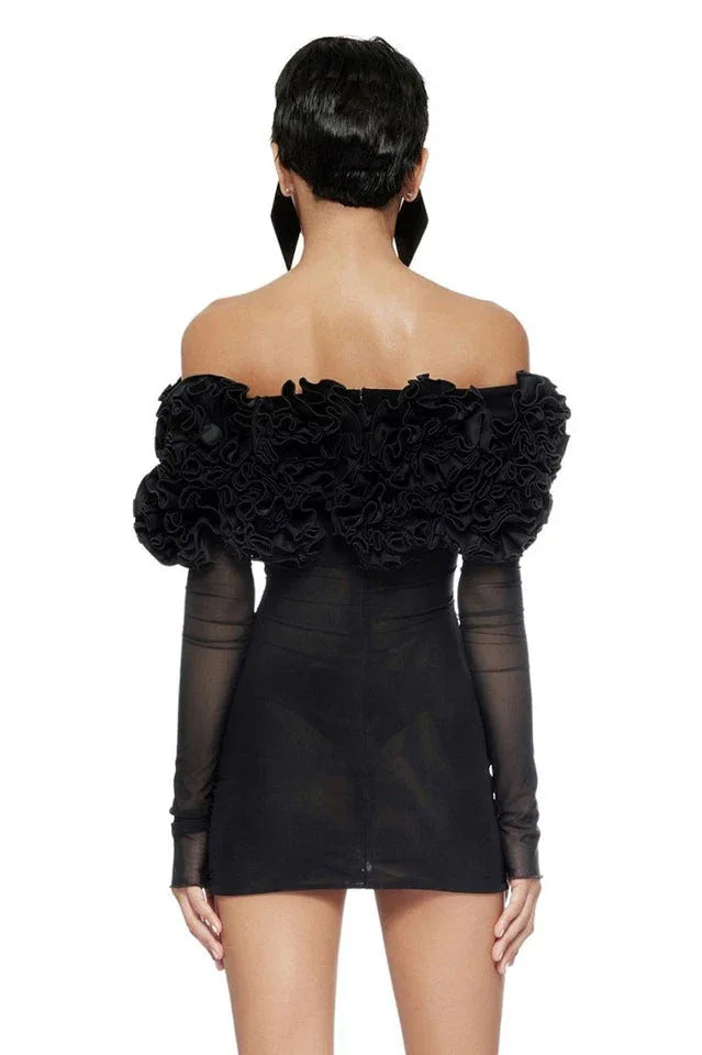 Floral tulle mini dress with Bardot neckline and long sleeves - View 6 | WEUXS