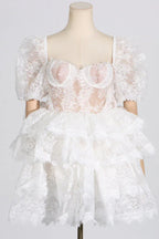 Puff sleeve mini dress with tiered skirt - View 8 | WEUXS