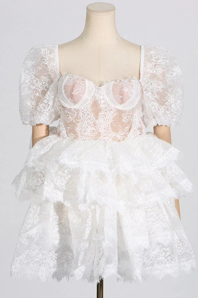 Puff sleeve mini dress with tiered skirt - View 8 | WEUXS