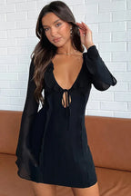 Mesh mini dress with bell sleeves and tie front - View 8 | WEUXS