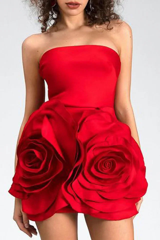 Red strapless mini dress with 3D rose applique Main image
