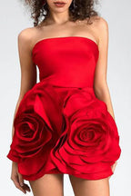 Red strapless mini dress with 3D rose applique