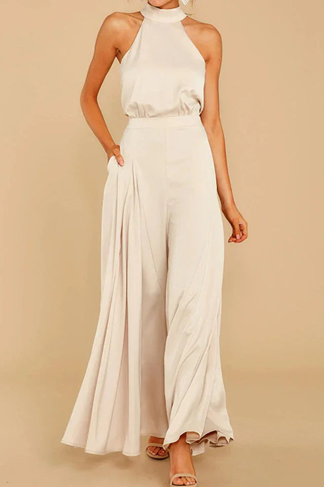 Satin wide leg halter neck jumpsuit - View 8 | WEUXS