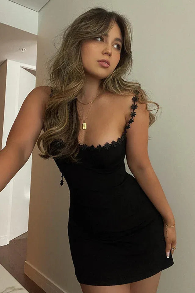 Black Knit Mini Dress with Floral Applique Secondary image