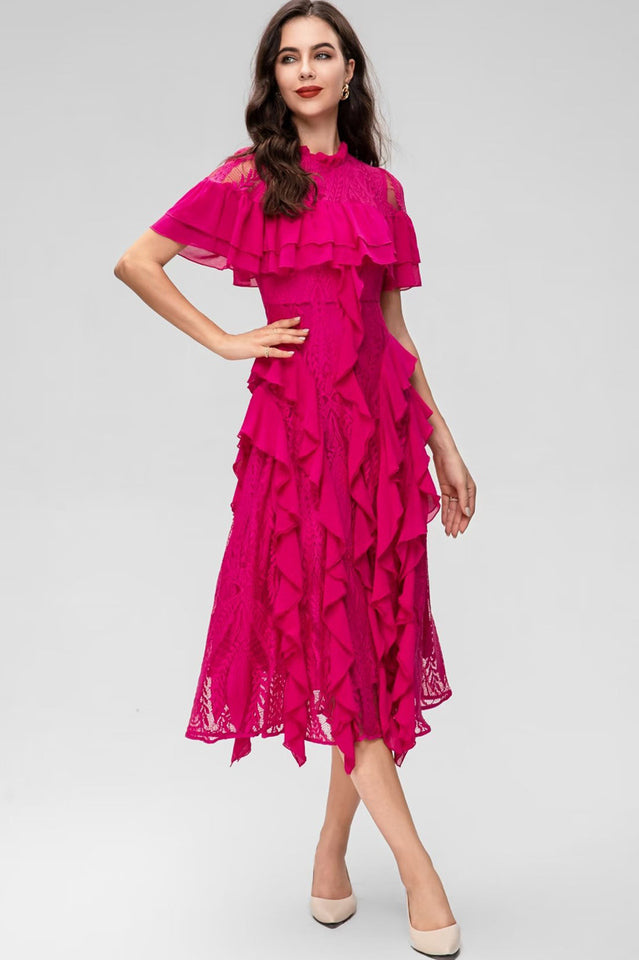 Oriana Pink Solid Lace Frill Midi Dress | Dress In Beauty