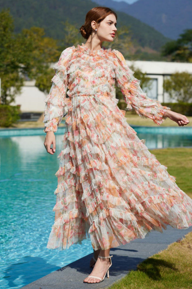 Printed Floral Tulle Ruffle Maxi Dress | Dress In Beauty