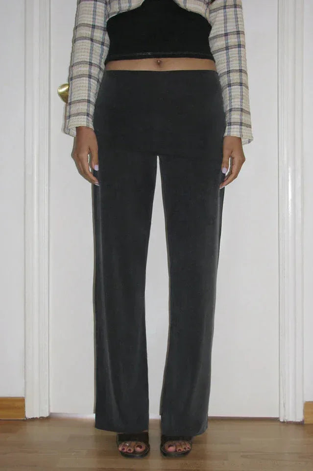 Navy wide leg velour pants with high rise waist - View 7 | WEUXS
