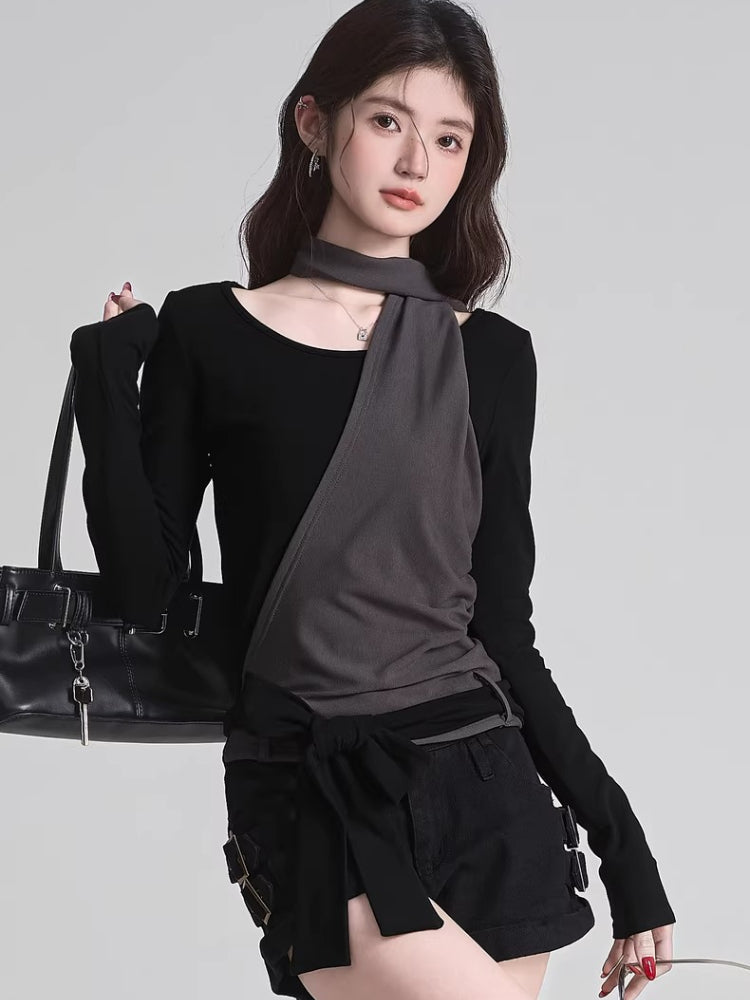 Asymmetrical Knit Top with Scarf Detail - View 6 | WEUXS