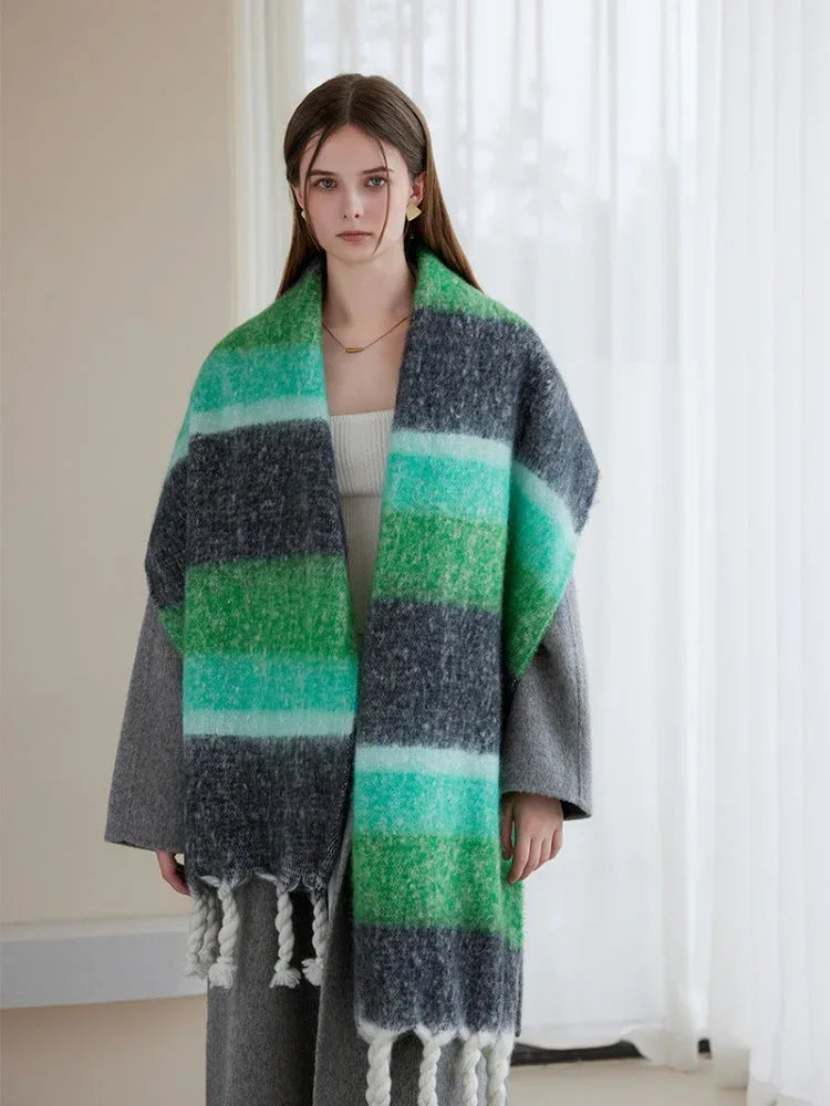 Oversized Monochrome Striped Tassel Shawl - View 11 | WEUXS