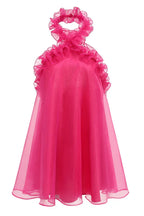 Studio shot of a pink organza mini dress with a dramatic ruffled halter neckline, front view.
