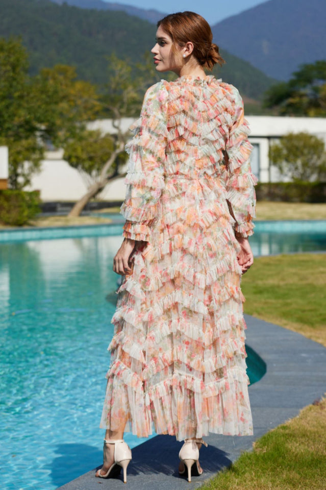 Printed Floral Tulle Ruffle Maxi Dress | Dress In Beauty