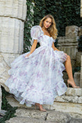 Puff Sleeve Floral Organza Layered Split Dress | Dress In Beauty