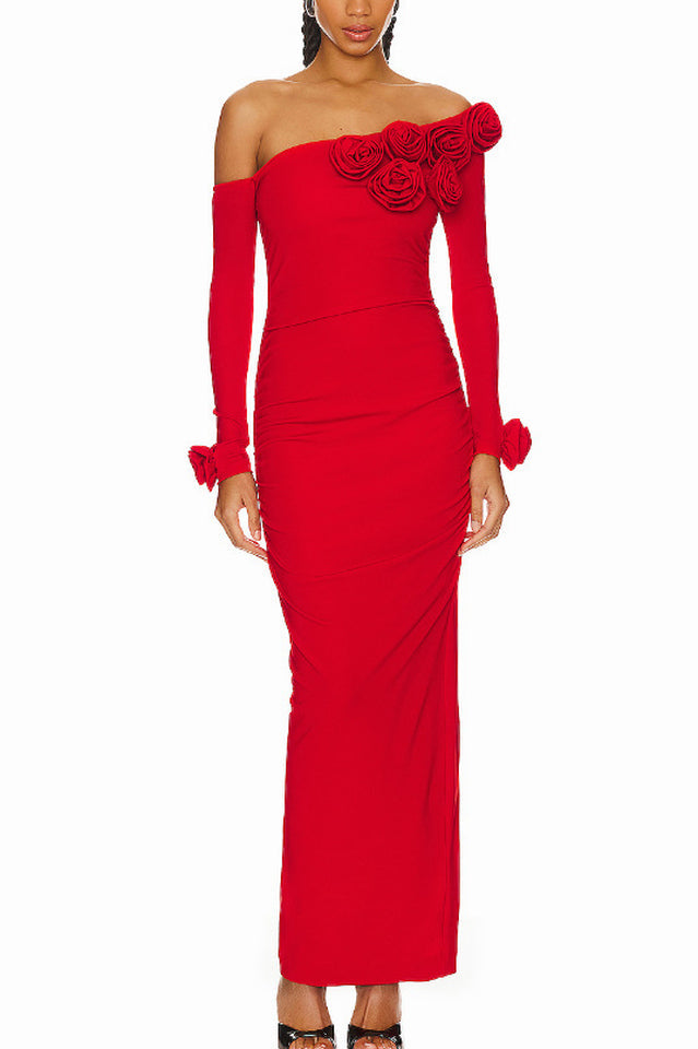 Slanted Shoulder Ruched Rose Flowers Dress | Dress In Beauty