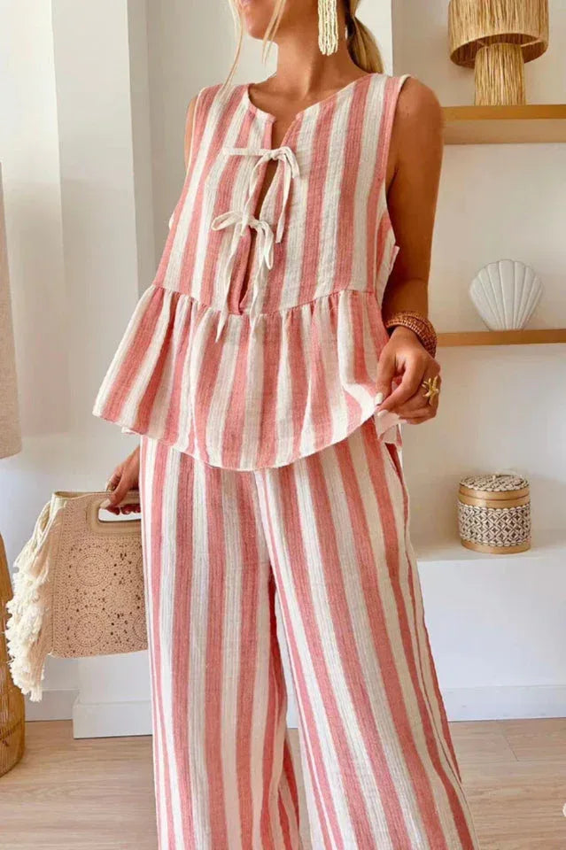 Women's striped linen blend wide leg set - View 7 | WEUXS