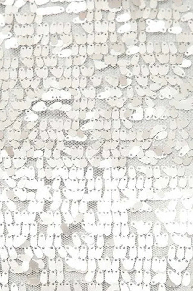 Close-up of silver sequins on a mesh fabric