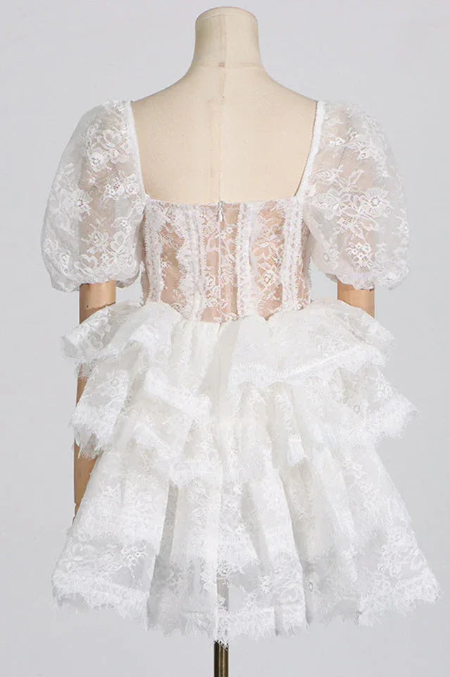 Puff sleeve mini dress with tiered skirt - View 9 | WEUXS