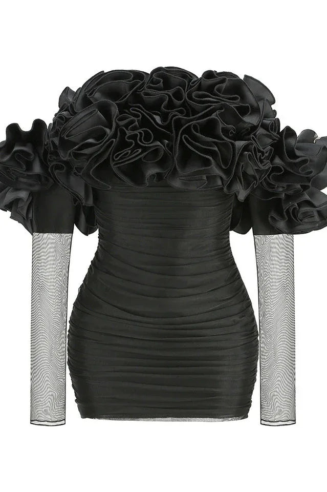 Floral tulle mini dress with Bardot neckline and long sleeves - View 7 | WEUXS