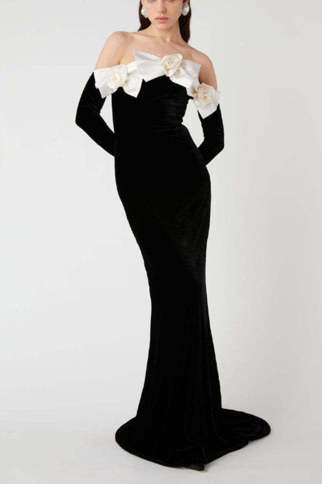 Duchesse Bows Off Shoulder Velvet Gown | Dress In Beauty