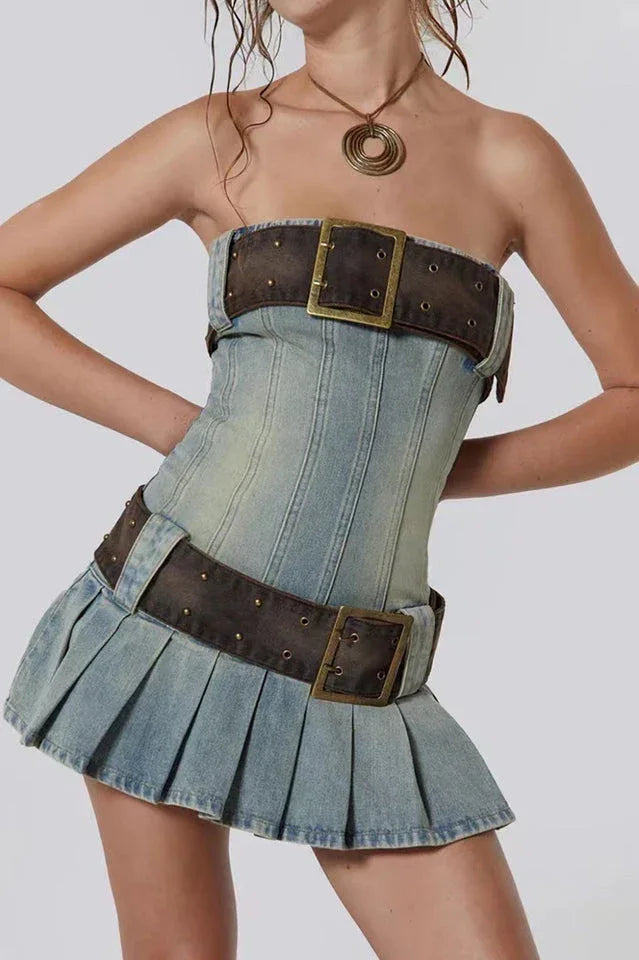 Denim Kilt Mini Dress - View 7 | WEUXS