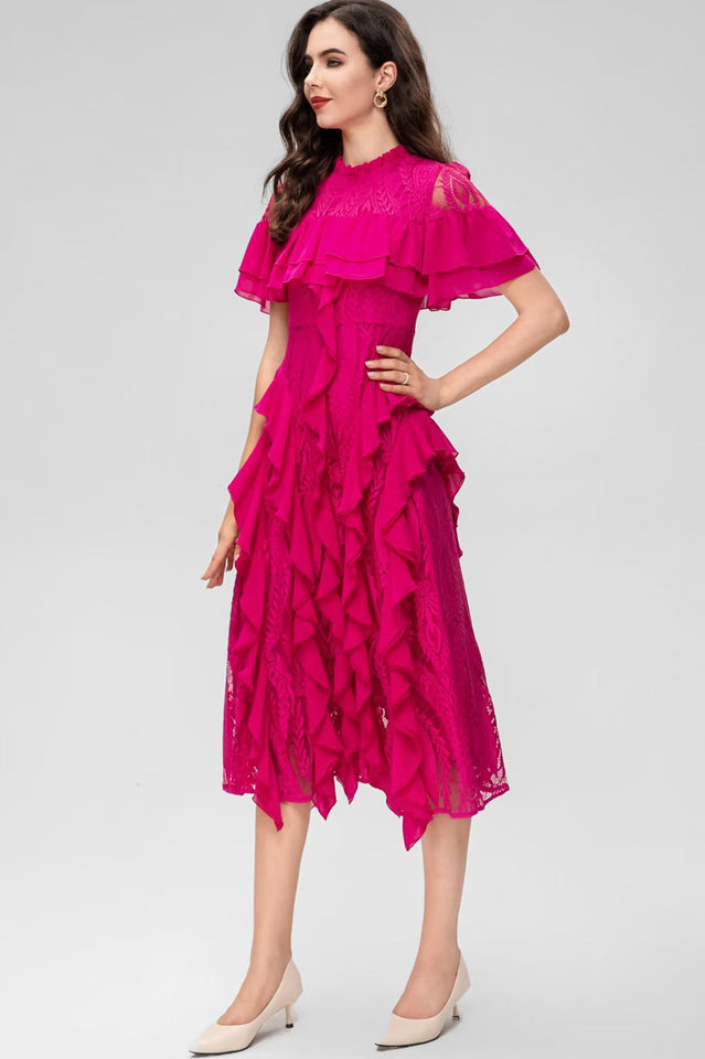 Oriana Pink Solid Lace Frill Midi Dress | Dress In Beauty