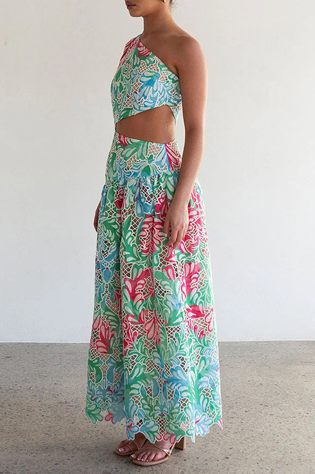 Botanical Print One Shoulder Frill Midi Dress | Dress In Beauty