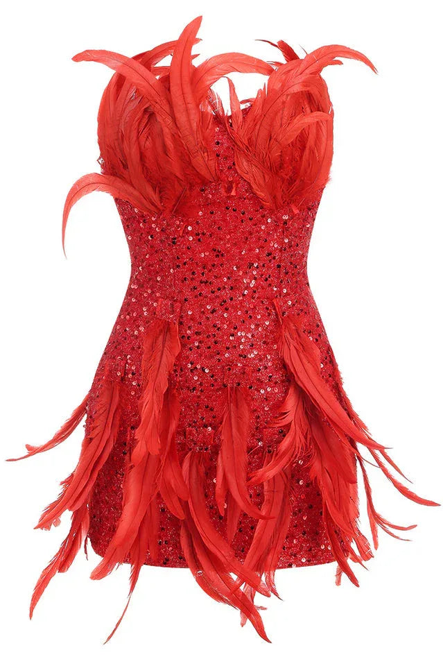 Close-up of a red sequin and feather mini dress