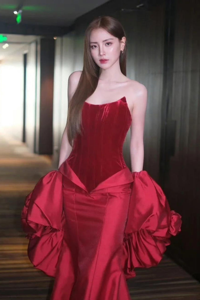 Strapless Floral Puff Detail Corset Maxi Dress | Dress In Beauty