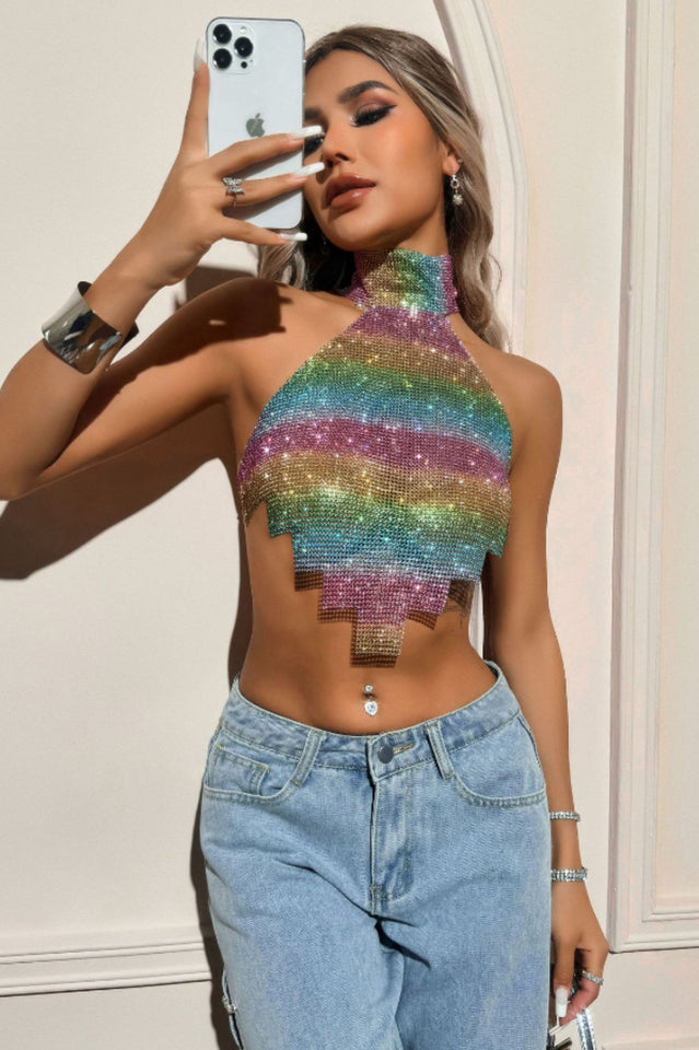 Halter Neck Glitter Rhinestone Backless Top | Dress In Beauty