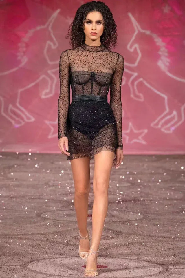 Studio shot of a black embellished mesh mini dress