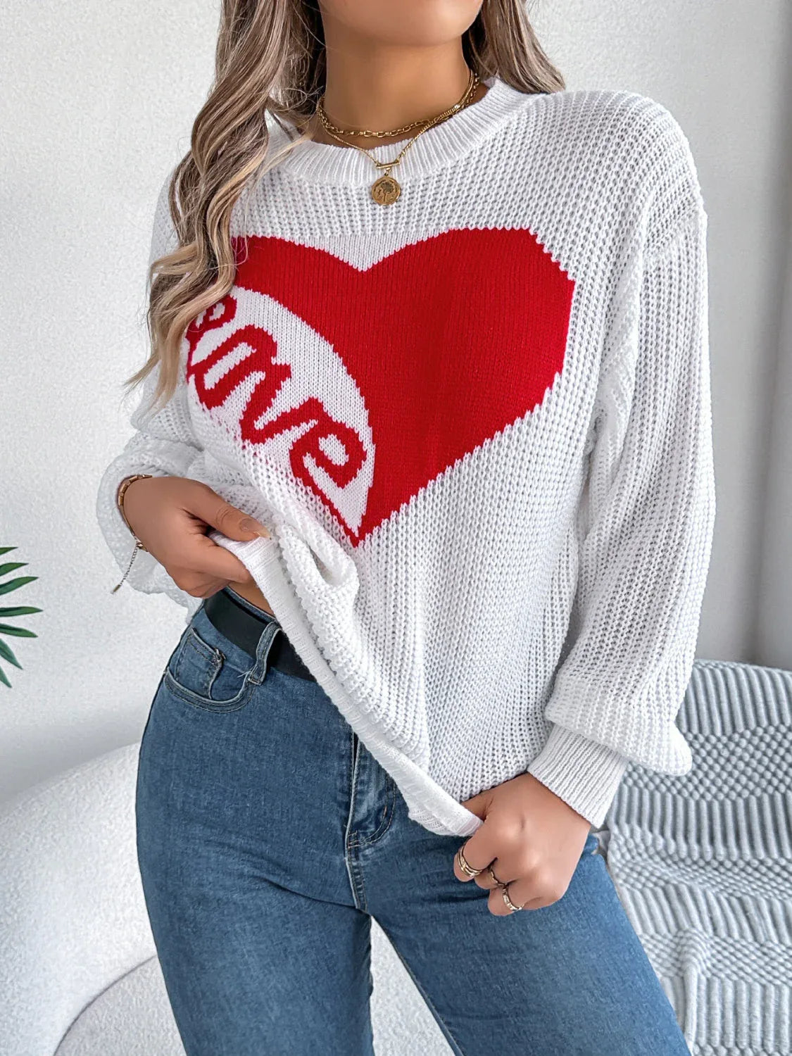 Romantic Pink Heart LOVE Knit Sweater - WEUXS