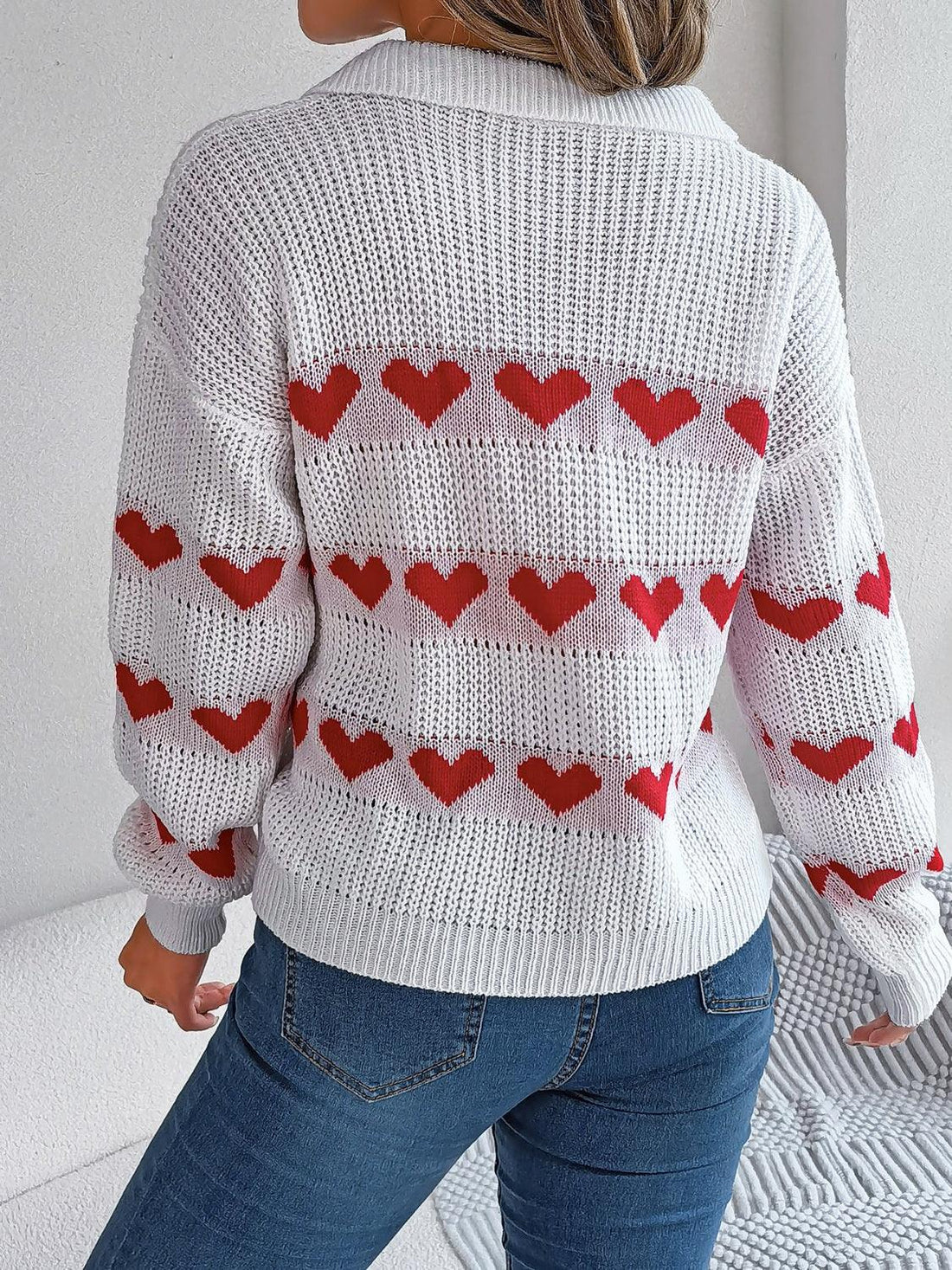 Sweet Heart Print Collared Knit Sweater - WEUXS