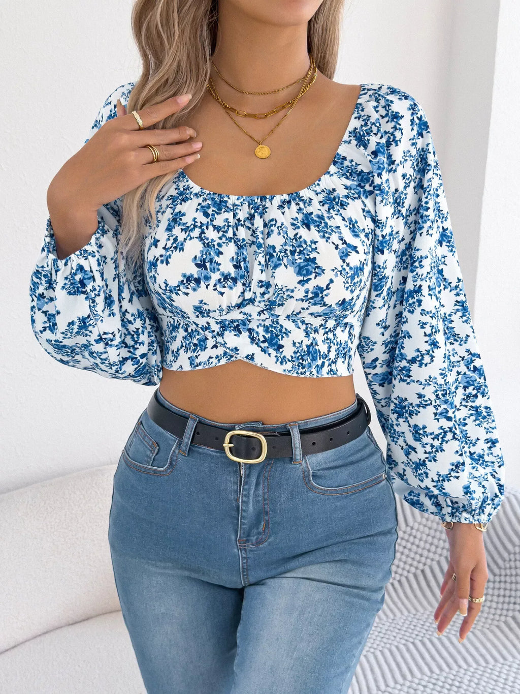 White floral puff sleeve cropped top - View 11 | WEUXS