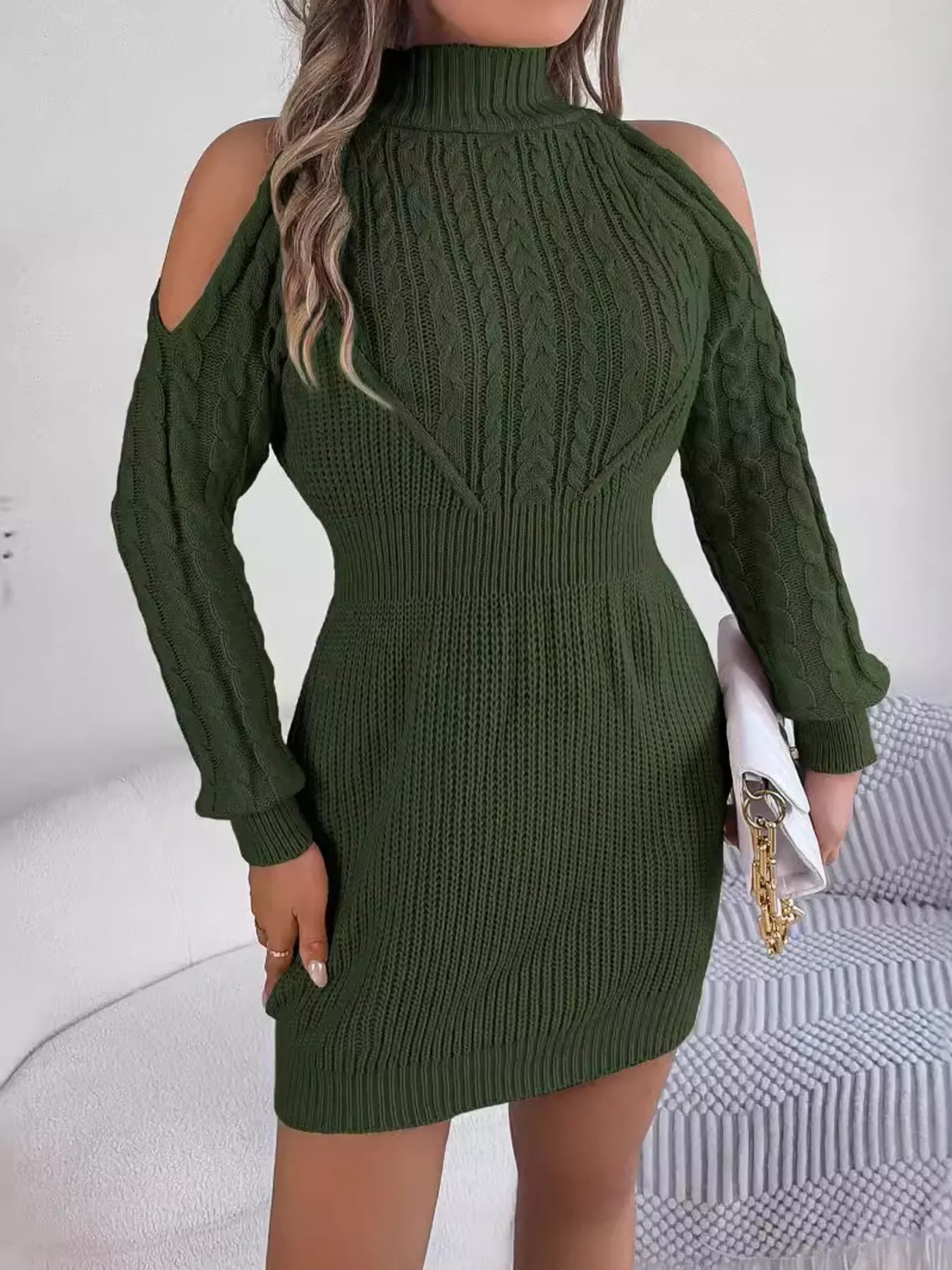 Cold Shoulder Cable Knit Sweater Dress - View 7 | WEUXS